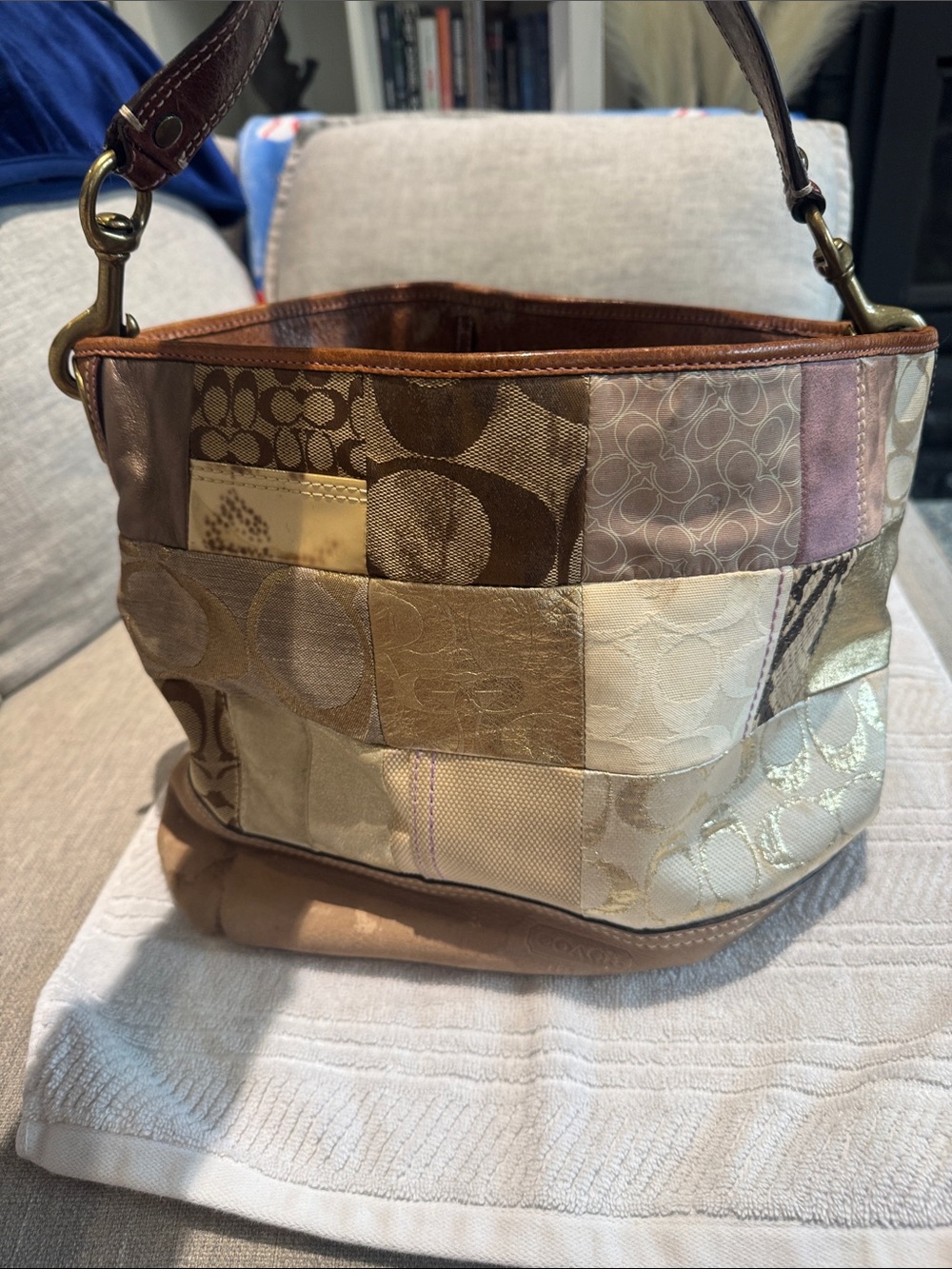 Coach Patchwork Shoulder Bag in Cream, Brown and Gold Tones
